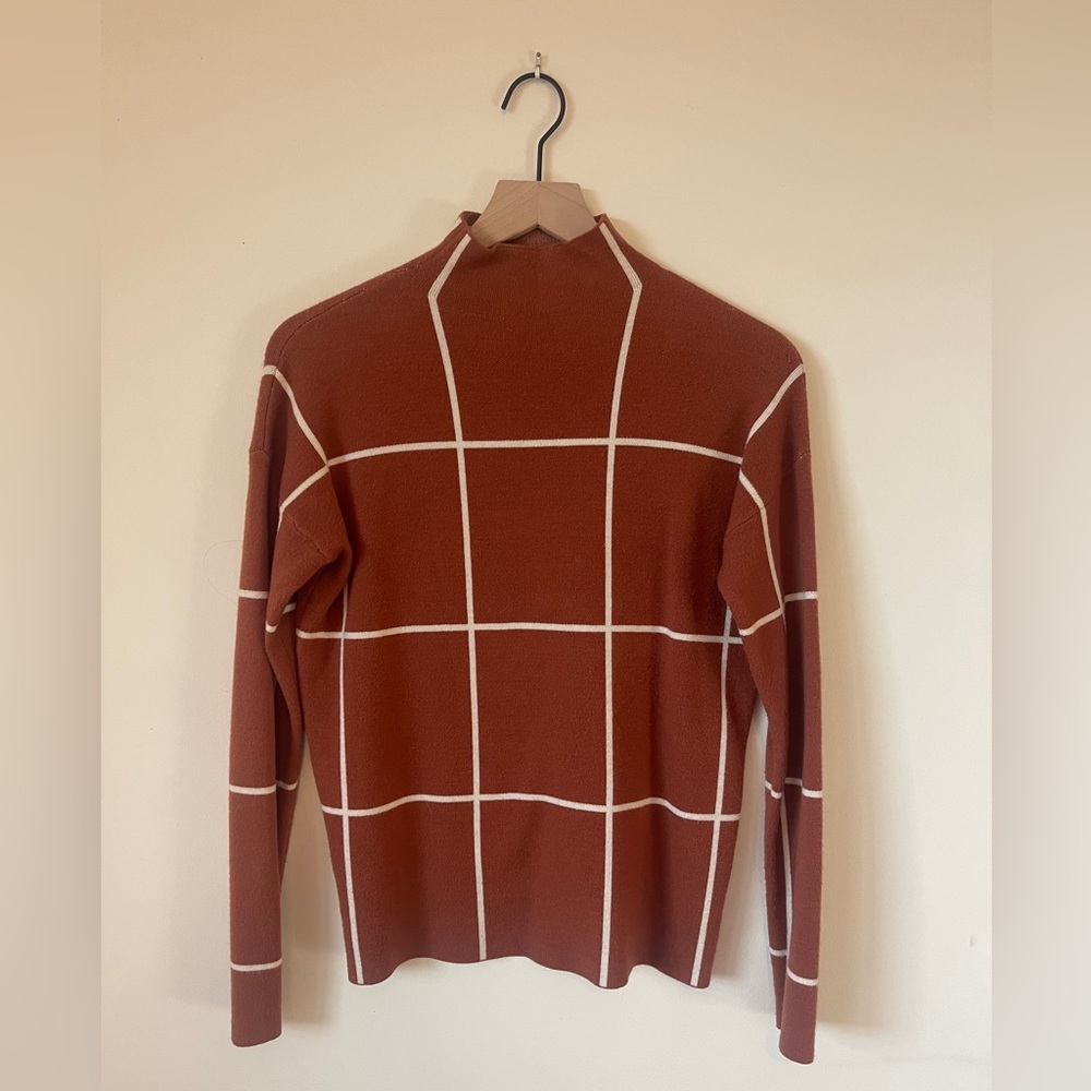 Cynthia Rowley | Window Pane Plaid Mock Neck Sweater In Terracotta And White